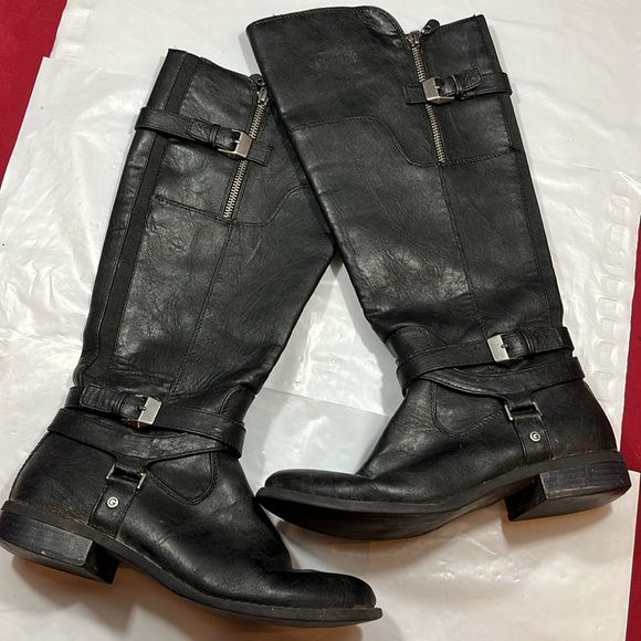 GUESS BLACK Harson TALL RIDING BOOTS 9M side zip buckle GGHILIGHT stretchy calf - Picture 9 of 14